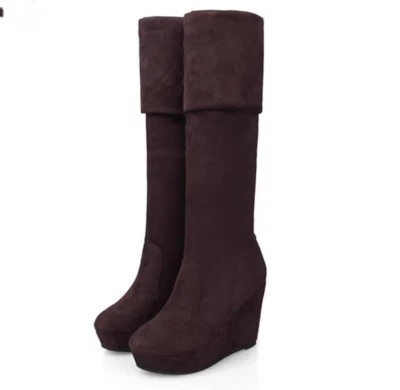 Women Winter Over The Knee High Boots Suede Wedge 10cm High Heels Platform Shoes - Image 1 of 4