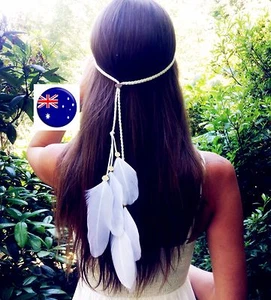 Women BOHO Syn suede Bride White Feather Beige Braided Hair band Headband Wrap - Picture 1 of 10