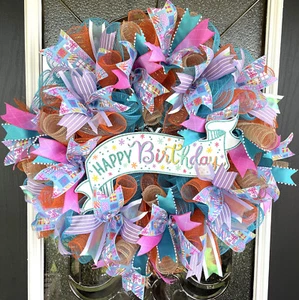 Super Pretty Birthday Party Deco Mesh Front Door Wreath Present/Gift Decoration - Picture 1 of 6