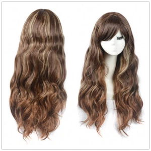 Modische braune Mix blonde lange lockige wellige Frauen Damen Haar Perücke volle Perücken + Perückenkappe - Bild 1 von 4