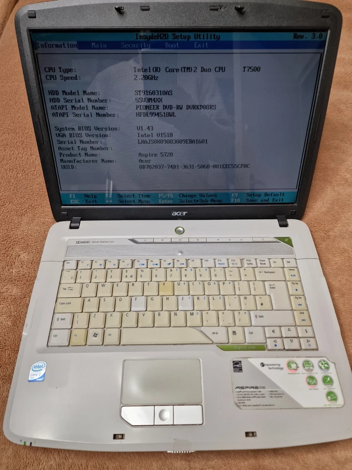 Acer Aspire 5720 Laptop Intel Core 2 Duo T7500 @ 2.20GHz 160Gb HDD Untested  - Image 1 of 4