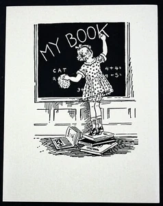 Vintage Antique Etchcraft Bookplate 1930s/40s RARE Child and Chalkboard - Picture 1 of 4
