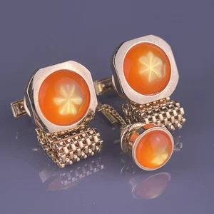 Orange Star Cabochon Wrap Around Cufflinks Tie Pin Gold Tone Polished Square VTG - Picture 1 of 7