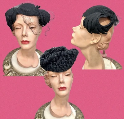 LOT 2 VTG 1940s Vintage Hats *FAUX PERSIAN LAMB USO Military & WINGED DECO BERET - Image 1 of 4