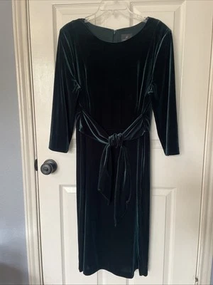 Adrianna Papell Size 16 Dress Hunter Green Tie Front Velvet Party 3/4 Sleeve B11 - Image 1 of 4