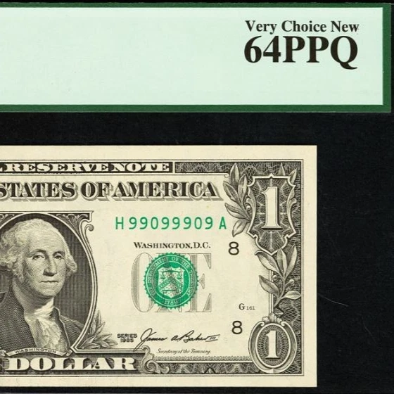 1985 $1 FRN PCG 64PPQ - Fancy Repeater Serial Number 99099909 - Image 1 of 3