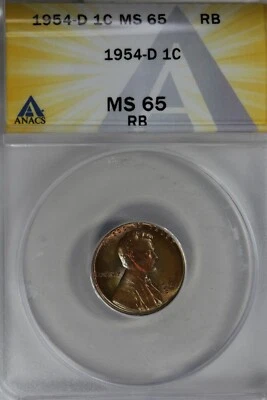 1954-D  .01  ANACS   MS 65 RB    Lincoln Head Cent,  Lincoln One Cent - Image 1 of 2