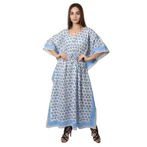 Women cotton Maxi kaftan Gown caftan Long night wear Hand Print Drawsting Dress - Picture 1 of 5