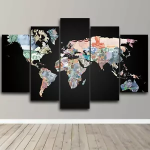 World Map currency notes  5 Piece Canvas Wall Art Abstract Print Home Decor - Picture 1 of 5