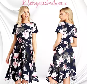 Roman Originals size 20 navy and Pink floral print jersey fit and flare dress. - Picture 1 of 9