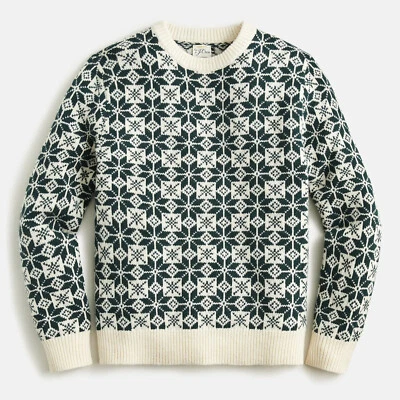 NWT J Crew 100% Lambs Wool Nordic Fair Isle Green & White Geometric Sweater - Image 1 of 2