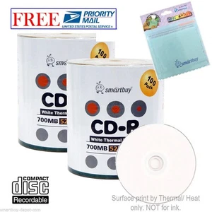 200 Smartbuy blanco imprimible térmicamente 52X disco CD-R 700 MB + tela de microfibra gratuita - Imagen 1 de 5