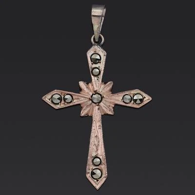 Vintage Marcasite 8K Yellow Gold Cross Pendant - Image 1 of 4