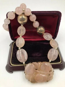 STUNNING VTG CHINESE EXPORT STERLING CARVED ROSE QUARTZ IMPORTNT NECKLACE CHOKER - Picture 1 of 9