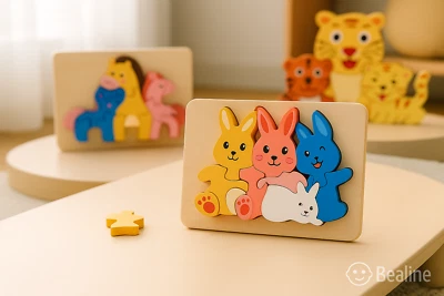 MARKENLOS Montessori Holzpuzzle Tiere – 3er Set Pferde Hasen Tiger – Lernspiel ab 2 Jahre