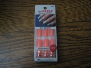 1 Kiss ImPRESS Press-On Nails SWEPT AWAY 62307 30 ORANGE+ Accent Silver Stripes - Picture 1 of 5