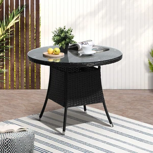 Livsip Outdoor Dining Table 90CM Round Rattan Glass Table Patio Furniture Black - Picture 1 of 7