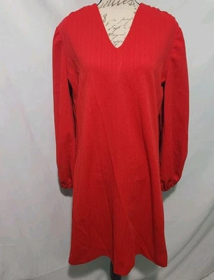 1970s-1980s Vintage Handmade Red Knit Dress W Long Puff Sleeves. Zipper Back. - Image 1 of 4