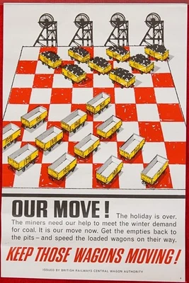 GET COAL WAGON EMPTIES BACK TO THE PITS BR ORIGINAL RAILWAY POSTER ARTWORK 1960s - Изображение 1 из 3