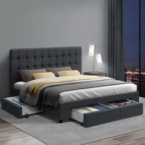 Artiss Avio Bed Frame Fabric Storage Drawers - Charcoal Double - Picture 1 of 8