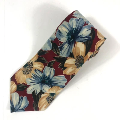 Pierre Cardin All Silk Floral Tie Maroon Blue Gold Tan Flower Print Made in USA - Image 1 of 4