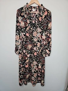 H & M Dress 6 Pink Coral Black Floral Ruffle Tie Neck Midi CottageCore Boho  - Picture 1 of 14