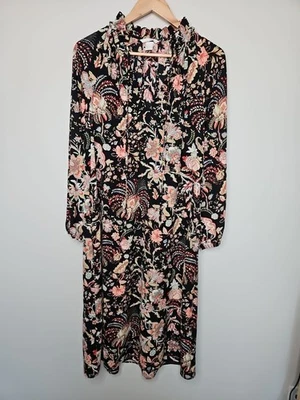 H & M Dress 6 Pink Coral Black Floral Ruffle Tie Neck Midi CottageCore Boho  - Image 1 of 4