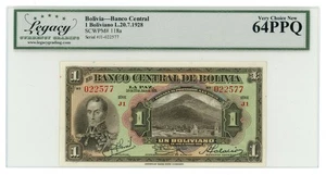 Bolivia 1928 1 Boliviano P-118a - Banco Central de Bolivia LCG UNC 64PPQ (65396) - Imagen 1 de 2