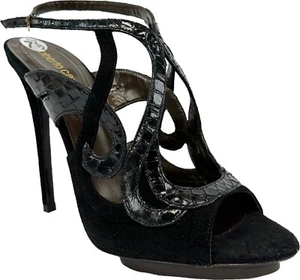 NIB ROBERTO CAVALLI Slingback Suede Snakeskin Sandals Black 37.5 Stilleto Heels - Picture 1 of 11