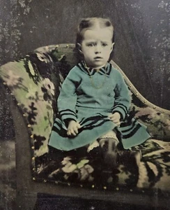 Larger Half Plate Tin Portrait Little Girl Chaise Lounge Gilded Jewelry Tinted - Picture 1 of 12