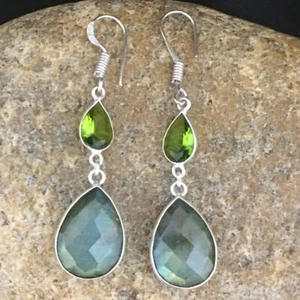 925 Sterling Silver Labradorite & Peridot Bezel Earrings Gift Women BES-1064 - Picture 1 of 7