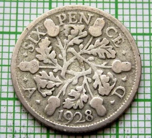 GREAT BRITAIN GEORGE V 1928 6 PENCE SIXPENCE, ACORNS, SILVER - Picture 1 of 4