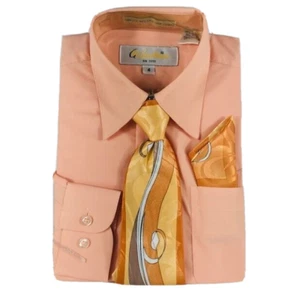 Gian Mario Boys Peach Dress Shirt Clip-on Peach Brown Tie Hanky Sizes 4 or 20 - Picture 1 of 3
