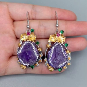 Pendientes colgantes de gancho pavimentado cristalino áspero amatista púrpura natural 24x34 mm - Imagen 1 de 5