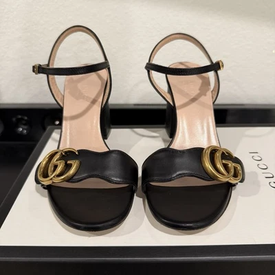 Size 4 - Gucci Lifford Sandals Leather Block Heel Double G Black Marmont Women’s - Image 1 of 4