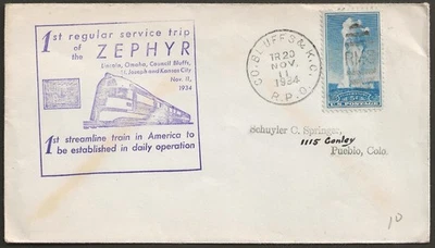 1934 Zephyr 1st Service Trip First Day Passenger Service Cover Nov 11, 1934 #744 - Image 1 of 2
