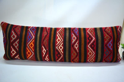 Traditional Pink Hand Knotted Kilim Pillow, 12x35 in, Lumbar Pink Retro Pillow, - Image 1 of 4