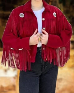 Women Native American Western Style Suede Leather Jacket with Fringe & Buttons - Picture 1 of 4
