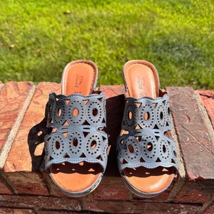 Spring Step Blue Leather Laser Cut Wedge Sandals Mules Slides Size 37 EU - Picture 1 of 6