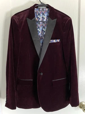 Chaqueta de Esmoquin Paisley y Gris para Hombres 36R/38R Calce Ajustado Vino Forrada de Terciopelo Baile de graduación Formal Foto 1 de 4