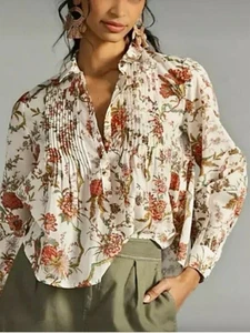 Anthropologie Pilcro ~M~Crop Blouse LS Shirt Birds Floral Cream Relaxed Fit - Picture 1 of 5