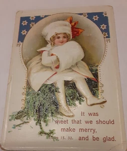 Vintage Bible Lesson Verse card girl w muff Sunday School Lord's Prayer on back - Picture 1 of 3