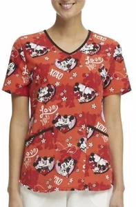 Disney Women’s Size Medium Mickey Love Hearts Valentine’s V-Neck Scrub Top NWT - Picture 1 of 6