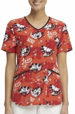 Disney Women’s Size Medium Mickey Love Hearts  Valentine’s V-Neck Scrub Top NWT - Image 1 of 4