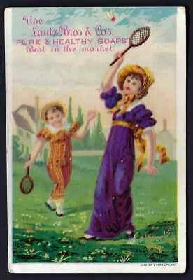 LAUTZ BROS - ADVERTISEMENT CARDS - 2 CHILDREN PLAYING TENNIS / BADMINTON - Image 1 of 2