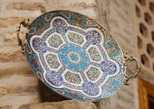 Brass Decorative Plate: Handmade 16th C. Uzbek Style Floral, Blue, White, Gold