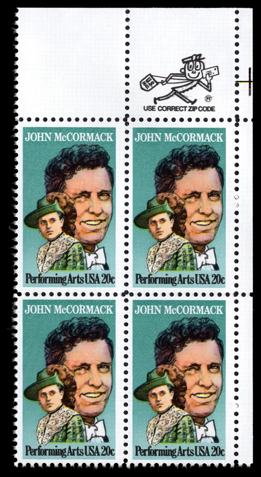 US Scott # 2090, John McCormack, Tenor, Zip Block of (4) 1984 20¢ Stamps, MNH - Image 1 of 1