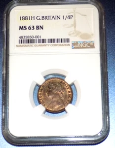 ENGLAND 1881H FARTHING UNCIRCULATED CERTIFIED NGC MS63 BN British UNC Coin - Picture 1 of 4
