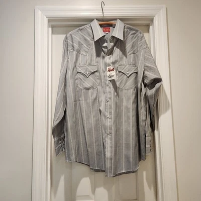 Ely Plains Vintage western pearl snap shirt with gray and white stripe XL - Image 1 of 4