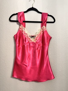 Vintage Babydoll Camisole Tank Top Women L? Hot Pink Floral Lace Trim DAMAGED - Picture 1 of 24
